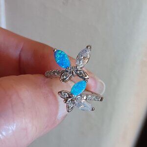 New Butterfly Blue Fire Opal and White Topaz 925 Silver Ring - Size 6 Adjustable
